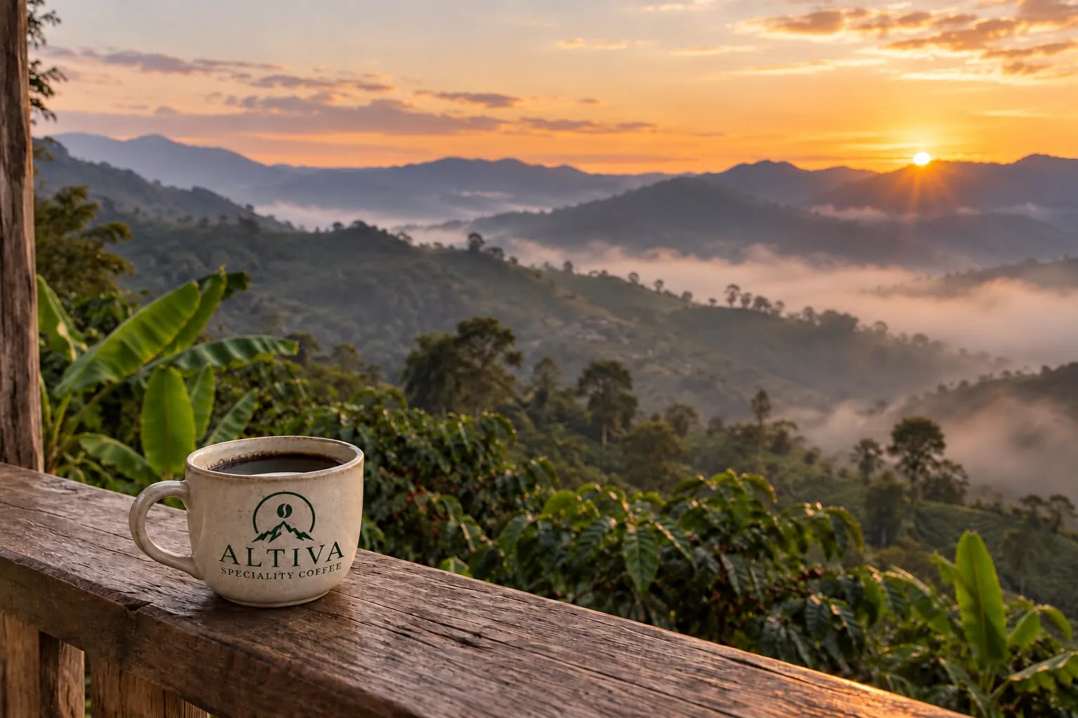 A cup of black coffee on a wooden veranda rail overlooking misty mountains at sunrise