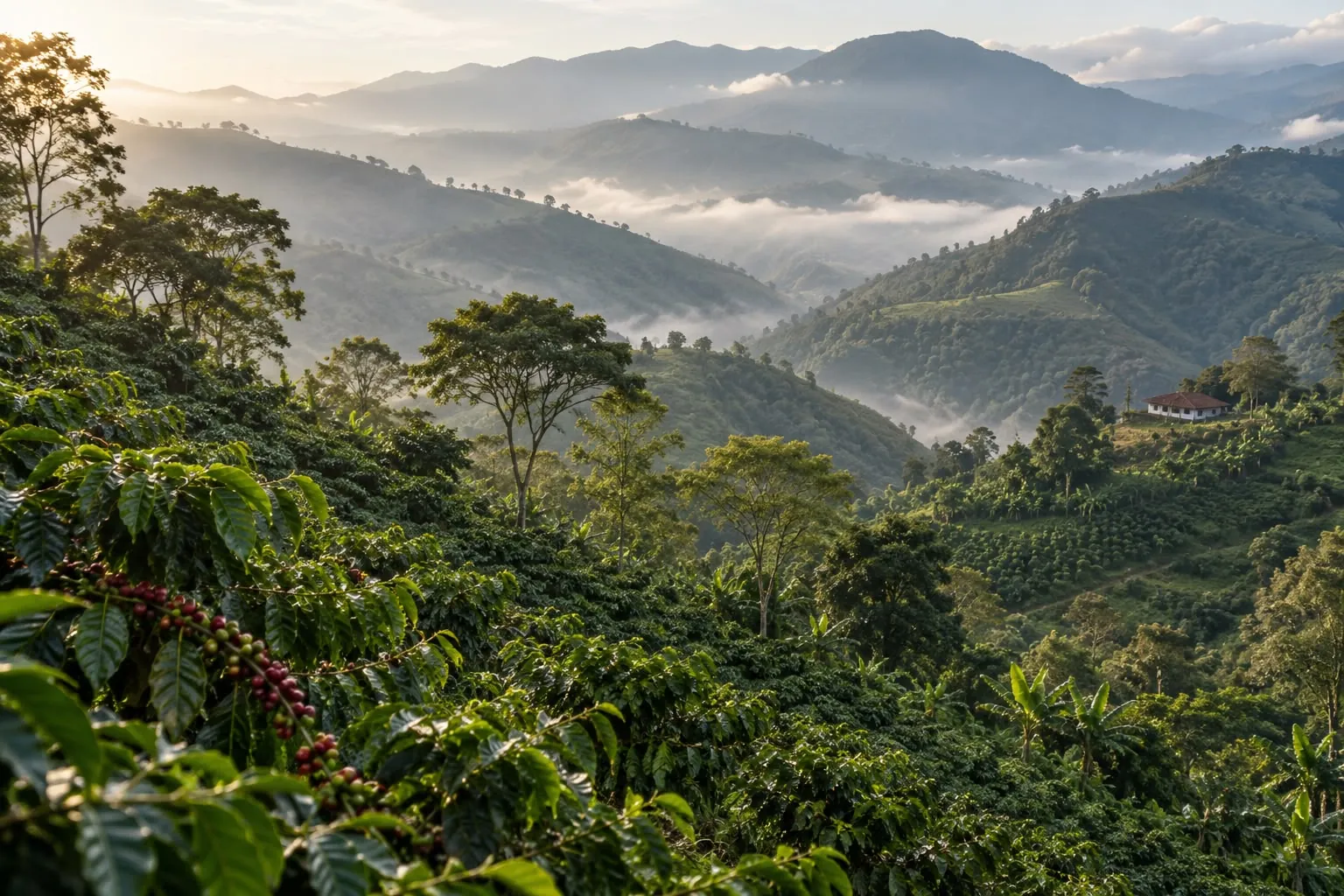 Coffee slopes and shade trees beneath misty mountain ridges