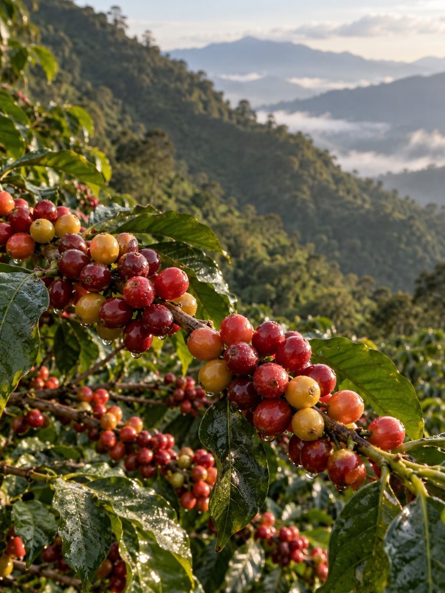 Ripe coffee cherries on the branch above a misty mountain valley