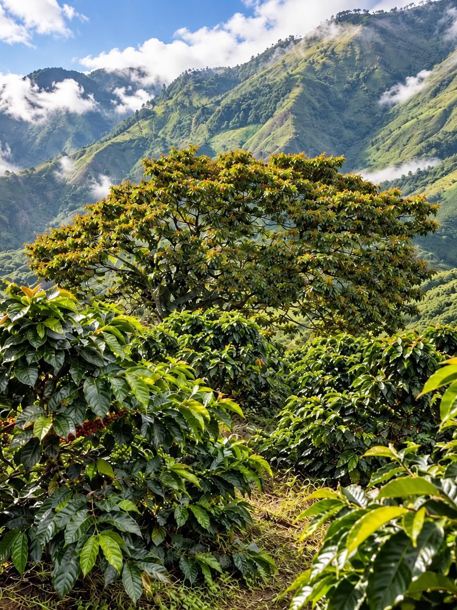 Coffee and a shade tree on the family farm, with the mountains of Tolima behind