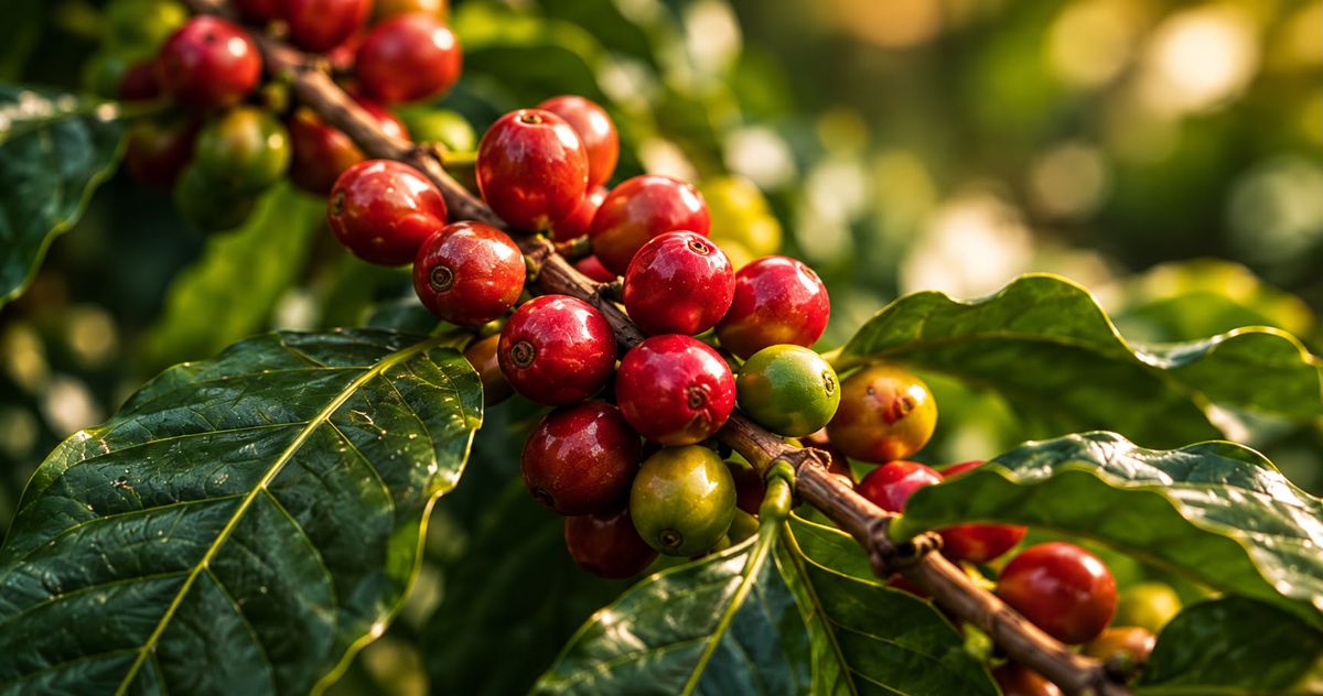 Ripe red coffee cherries on the branch in Colombia